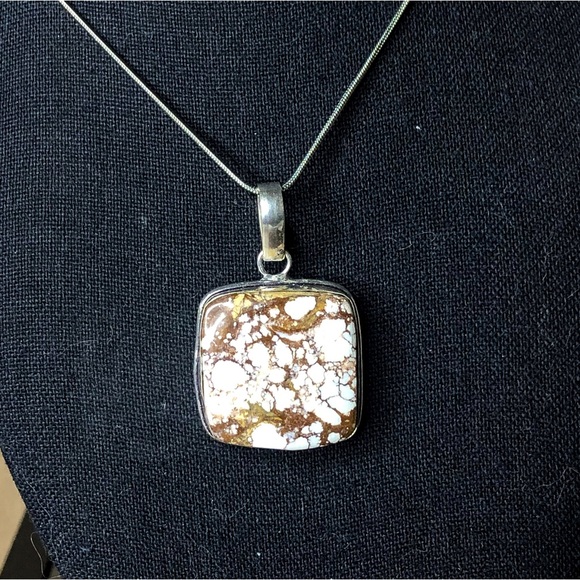 Speckled Jasper Sterling Silver Cabochon Pendant & Snake Chain Necklace 20” Long - Picture 4 of 8